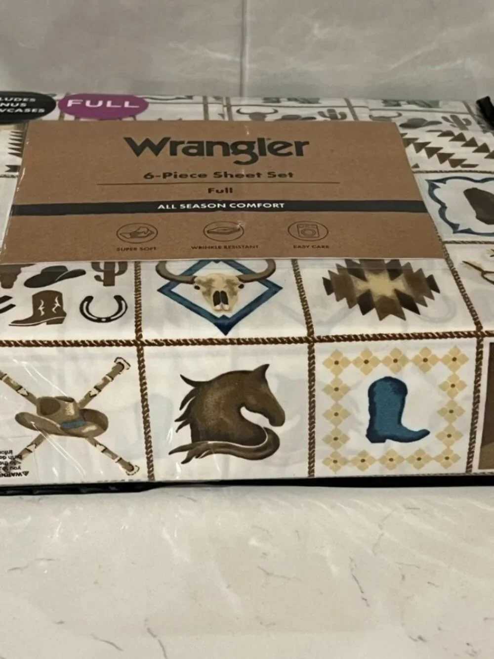 WRANGLER FULL Sheet Set 6pc New White Brown Tiles Western Cowboy Boots Hat Horse